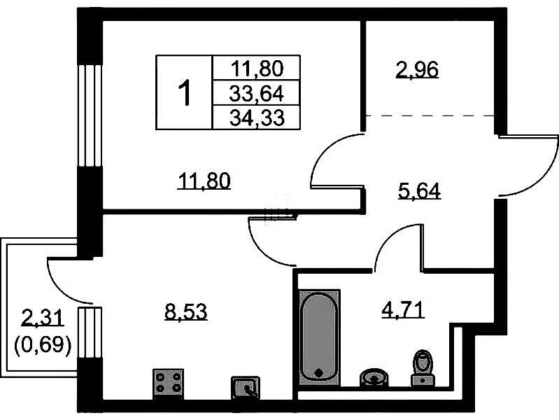 1-комнатная квартира 34.33 м², 2/9 эт., ЖК «Квартал Лаголово»